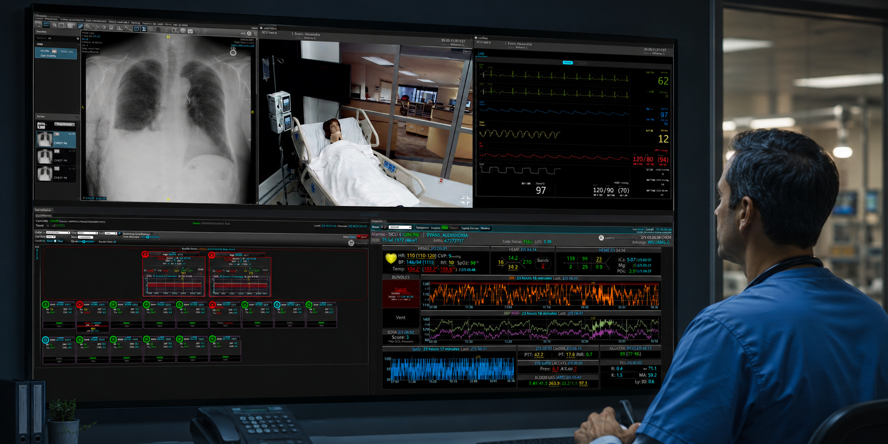 A remote clinician facing a multi-panel critical-care display with imaging, patient video, live waveforms and unit-wide surveillance.
