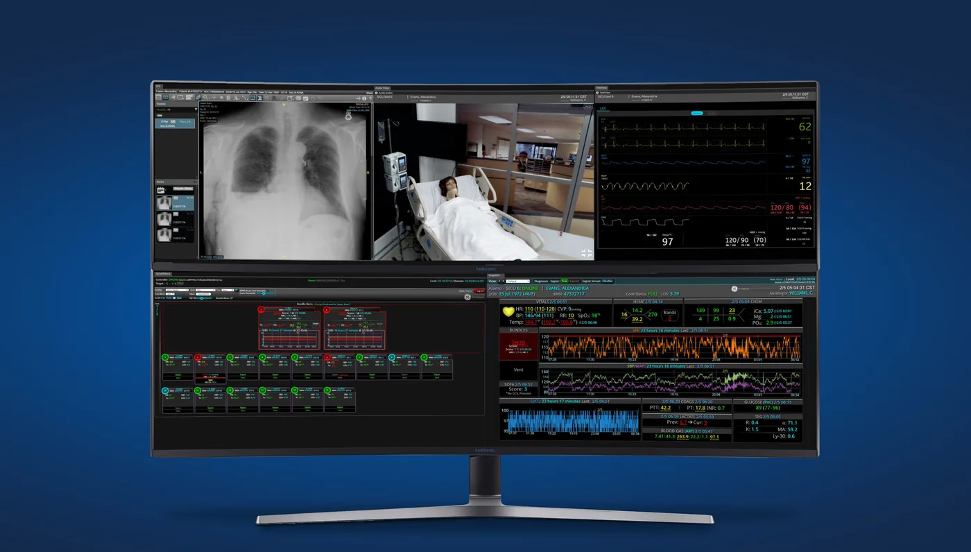 The Mural clinical canvas: imaging, live audio and video to the bedside, waveforms, population surveillance, and a consolidated patient snapshot.